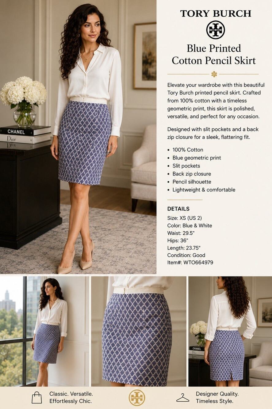 Tory Burch Blue Printed Cotton Pencil Skirt XS US 2 Classic Designer Chic